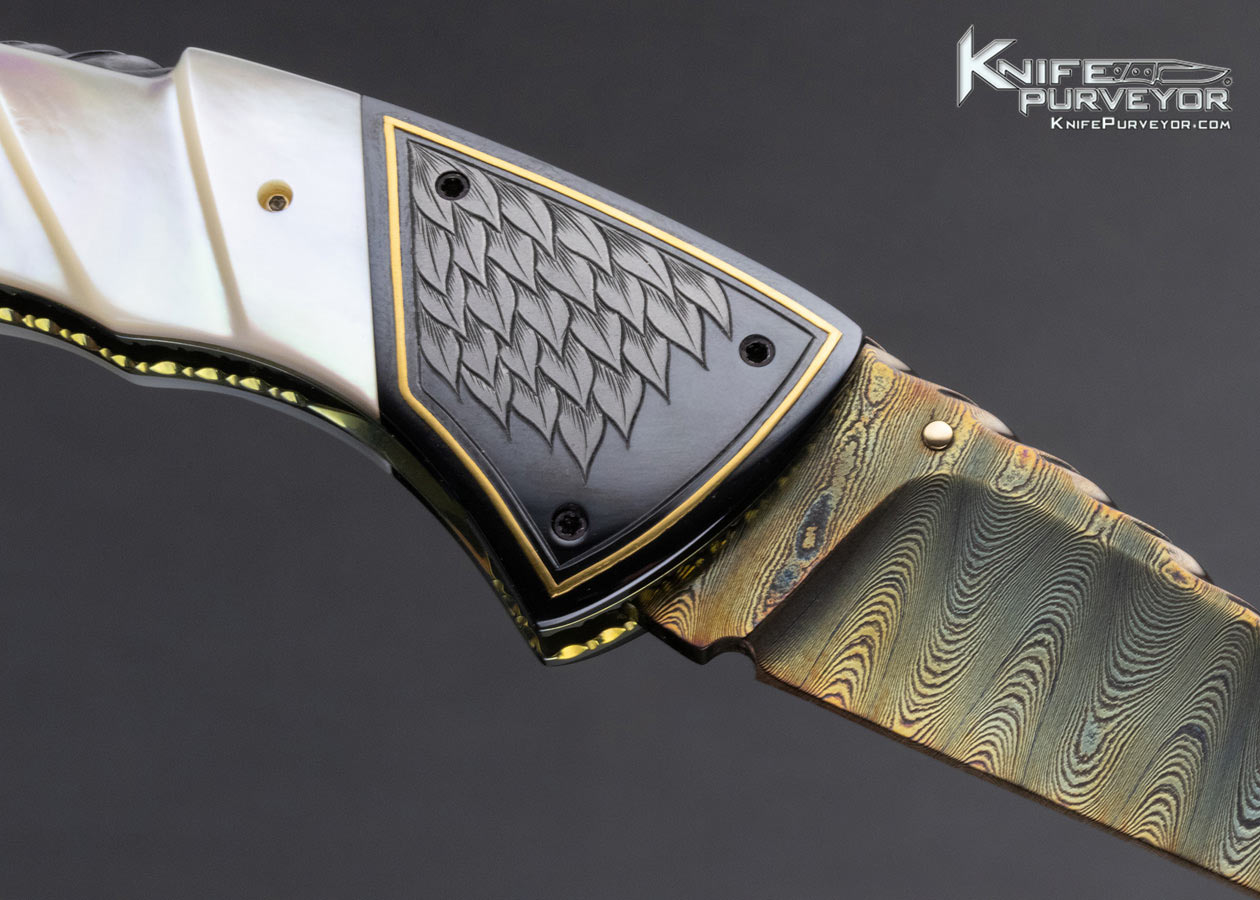 Van Barnett Custom Knife Sole Authorship Engraved Damascus and Fluted Pearl Linerlock - Image 4