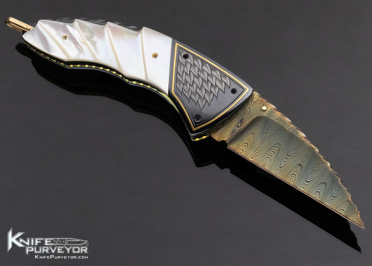 Van Barnett Custom Knife Sole Authorship Engraved Damascus and Fluted Pearl Linerlock - Image 3