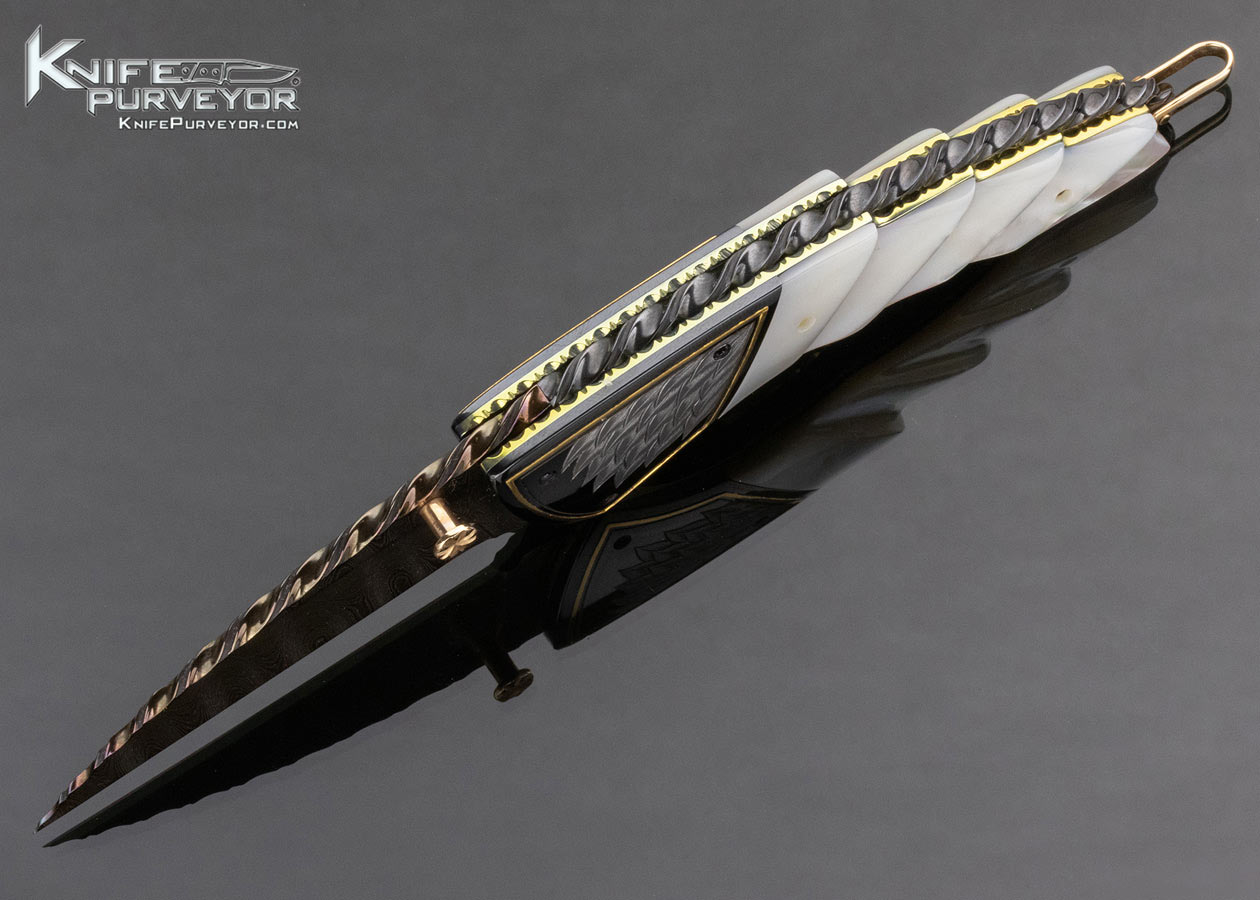 Van Barnett Custom Knife Sole Authorship Engraved Damascus and Fluted Pearl Linerlock - Image 6