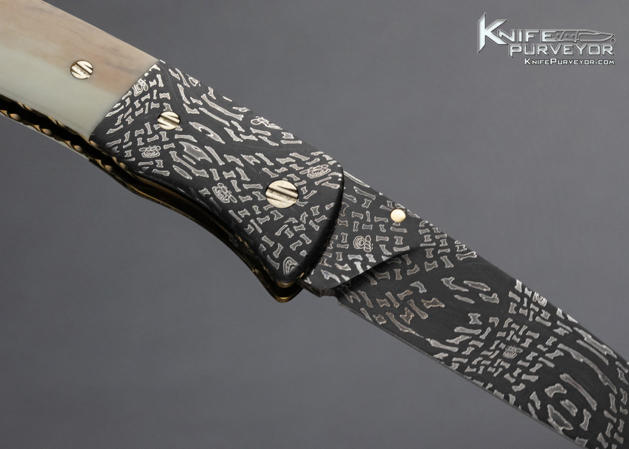 Cliff Parker Custom Knife Sole Authorship Mosaic Damascus and Fossil Walrus Linerlock 14867