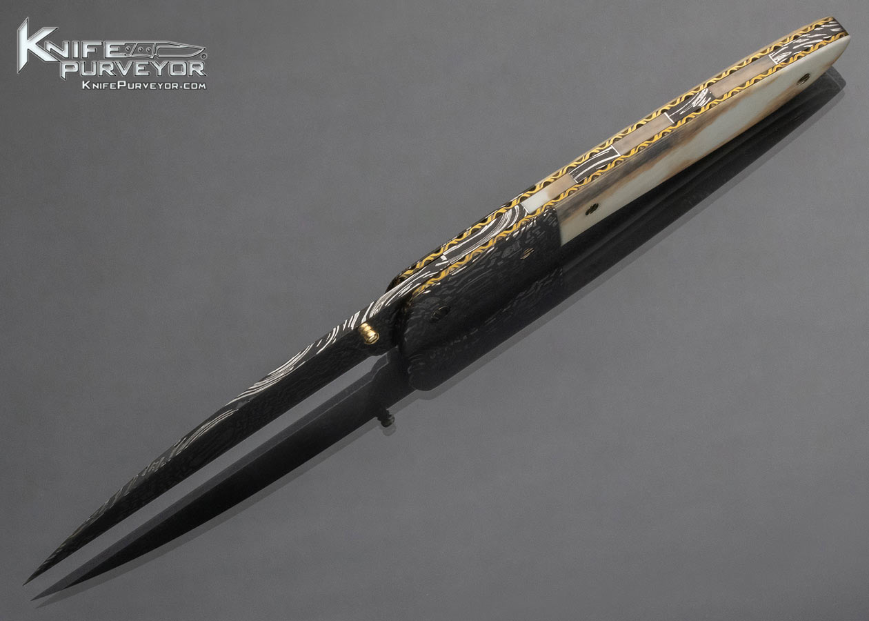 Cliff Parker Custom Knife Sole Authorship Mosaic Damascus and Fossil Walrus Linerlock - Image 6