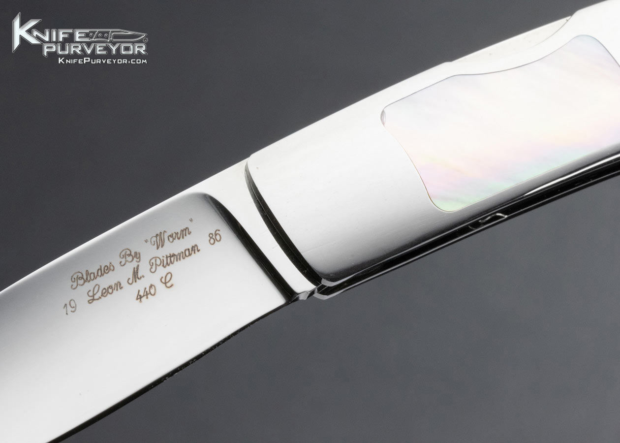 Leon Pittman Custom Knife Goldlip Pearl Frontlock Featured in Knives Points of Interest II - Image 2