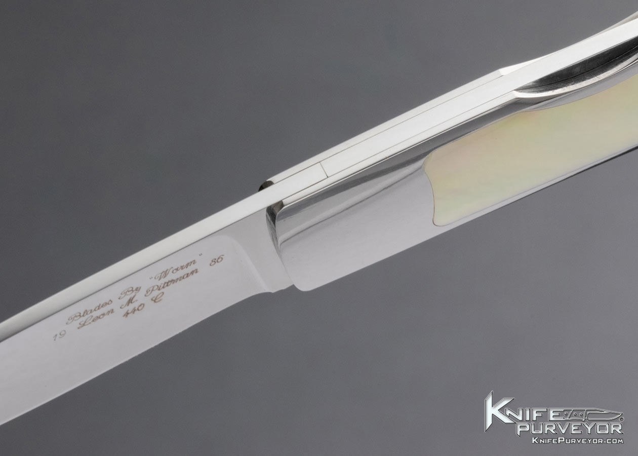Leon Pittman Custom Knife Goldlip Pearl Frontlock Featured in Knives Points of Interest II 14920