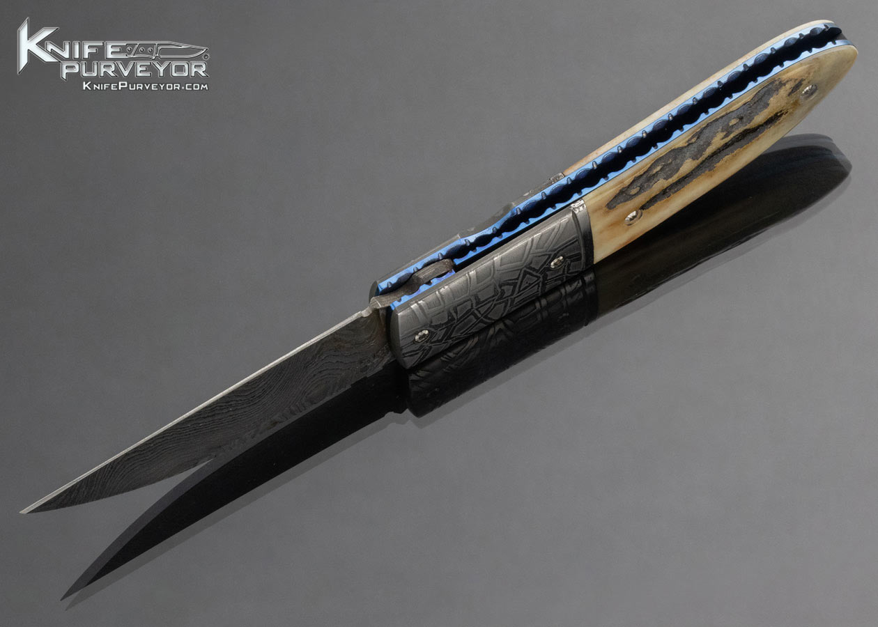 Mike Sanders Custom Knife Handmade Gent's Wharncliff Pocket Knife Damascus and Titanium with Sambar Stag 14893