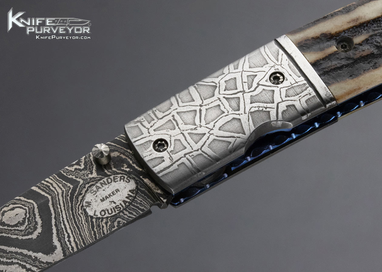 Mike Sanders Custom Knife Handmade Gent's Wharncliff Pocket Knife Damascus and Titanium with Sambar Stag - Image 2