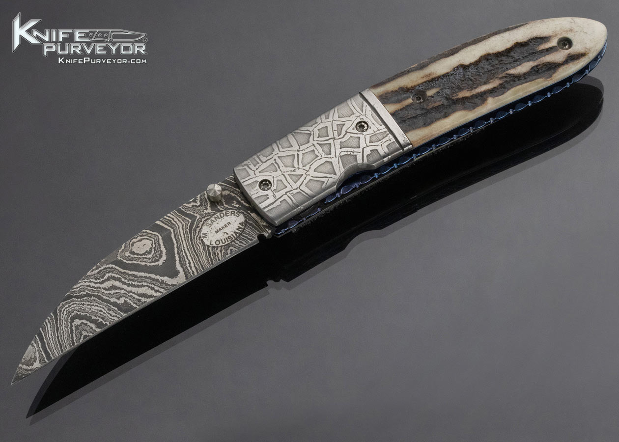 Mike Sanders Custom Knife Handmade Gent's Wharncliff Pocket Knife Damascus and Titanium with Sambar Stag 14893