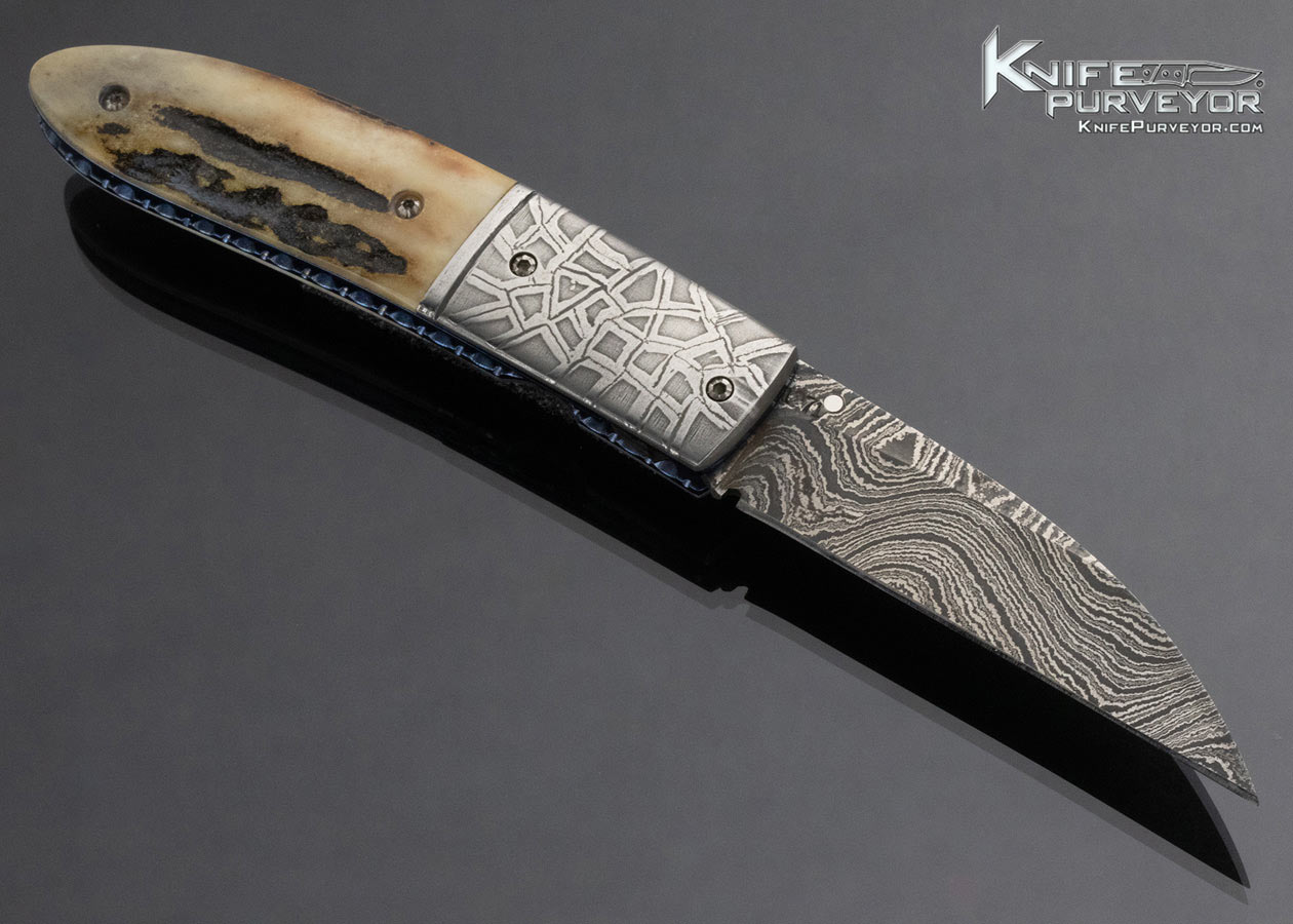 Mike Sanders Custom Knife Handmade Gent's Wharncliff Pocket Knife Damascus and Titanium with Sambar Stag - Image 3
