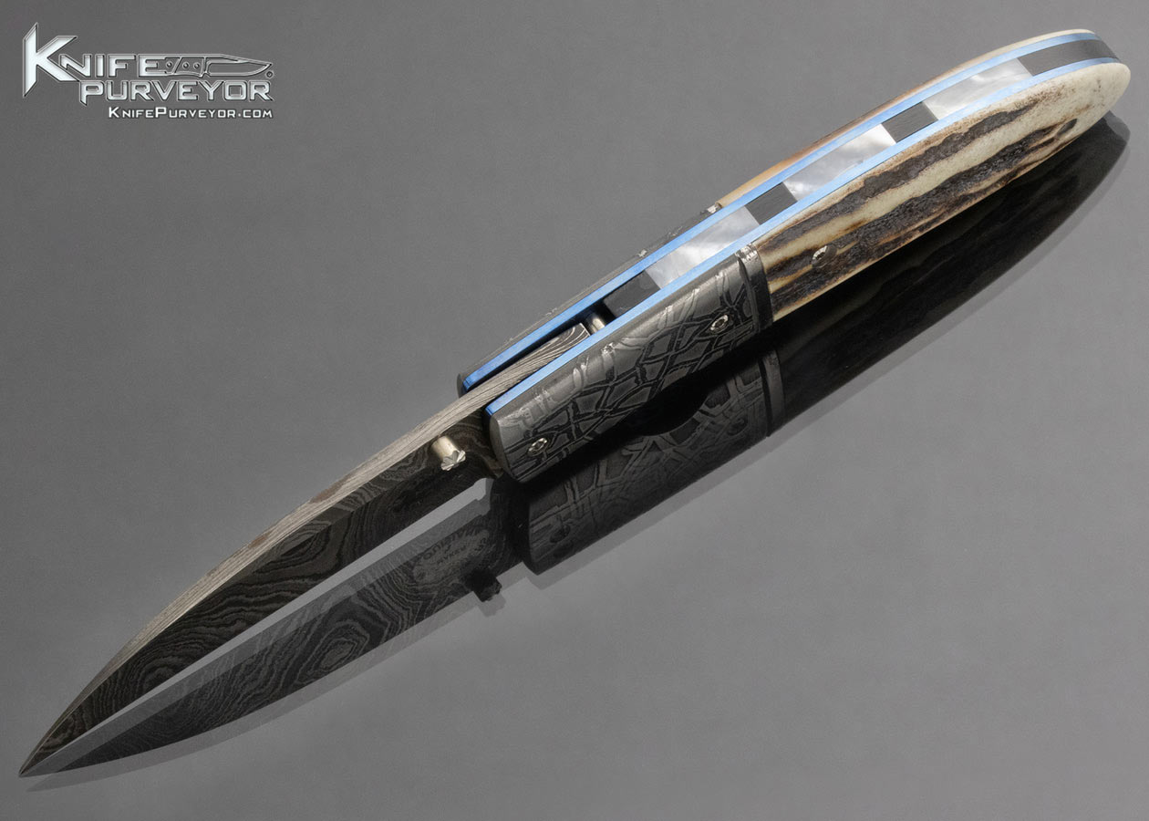 Mike Sanders Custom Knife Handmade Gent's Wharncliff Pocket Knife Damascus and Titanium with Sambar Stag - Image 7