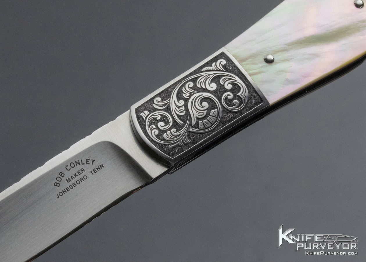 Bob Conley Custom Knife Goldlip Pearl Sole Authorship Engraved Integral 416 SS Lockback - Image 2