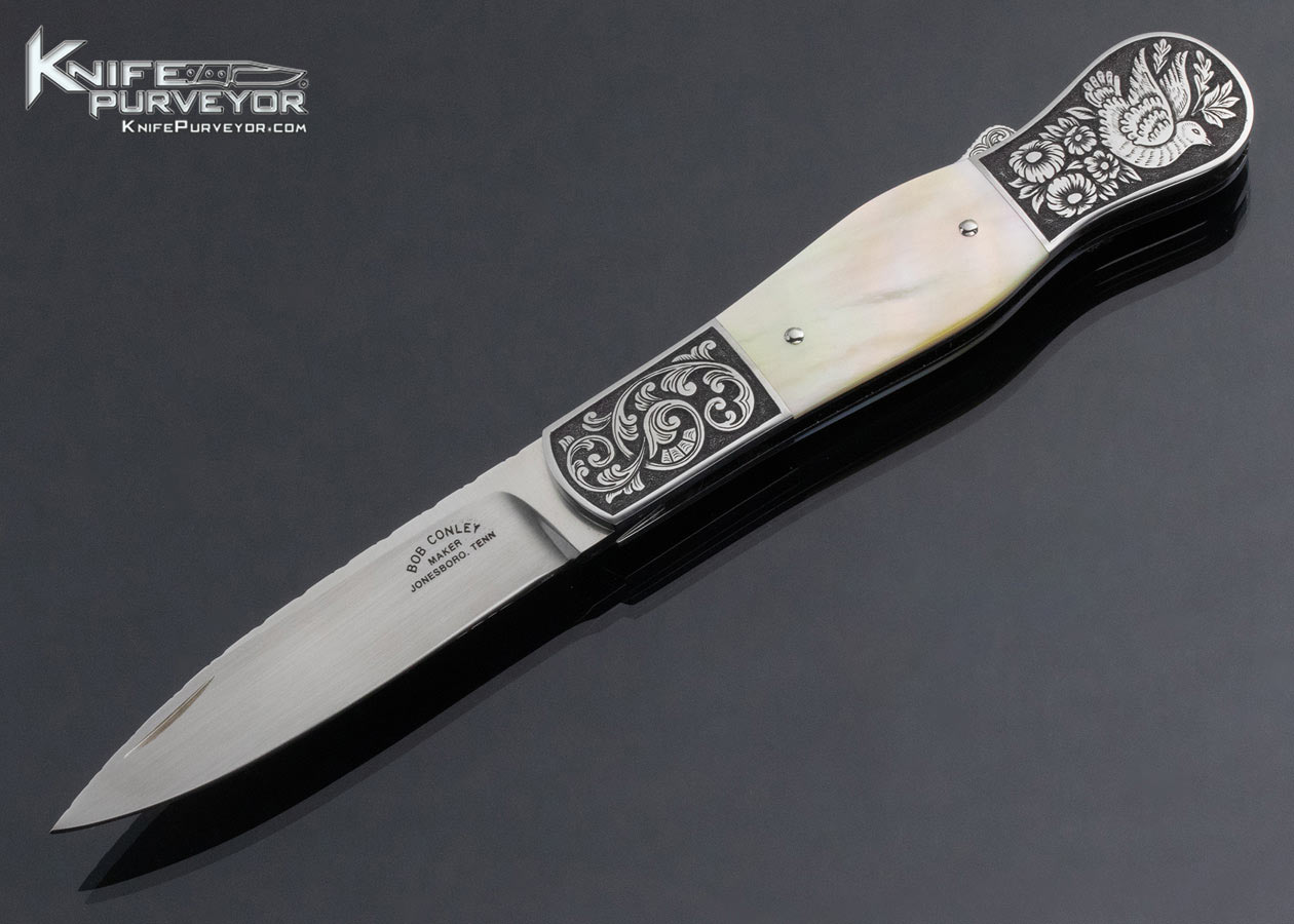 Bob Conley Custom Knife Goldlip Pearl Sole Authorship Engraved Integral 416 SS Lockback 14907