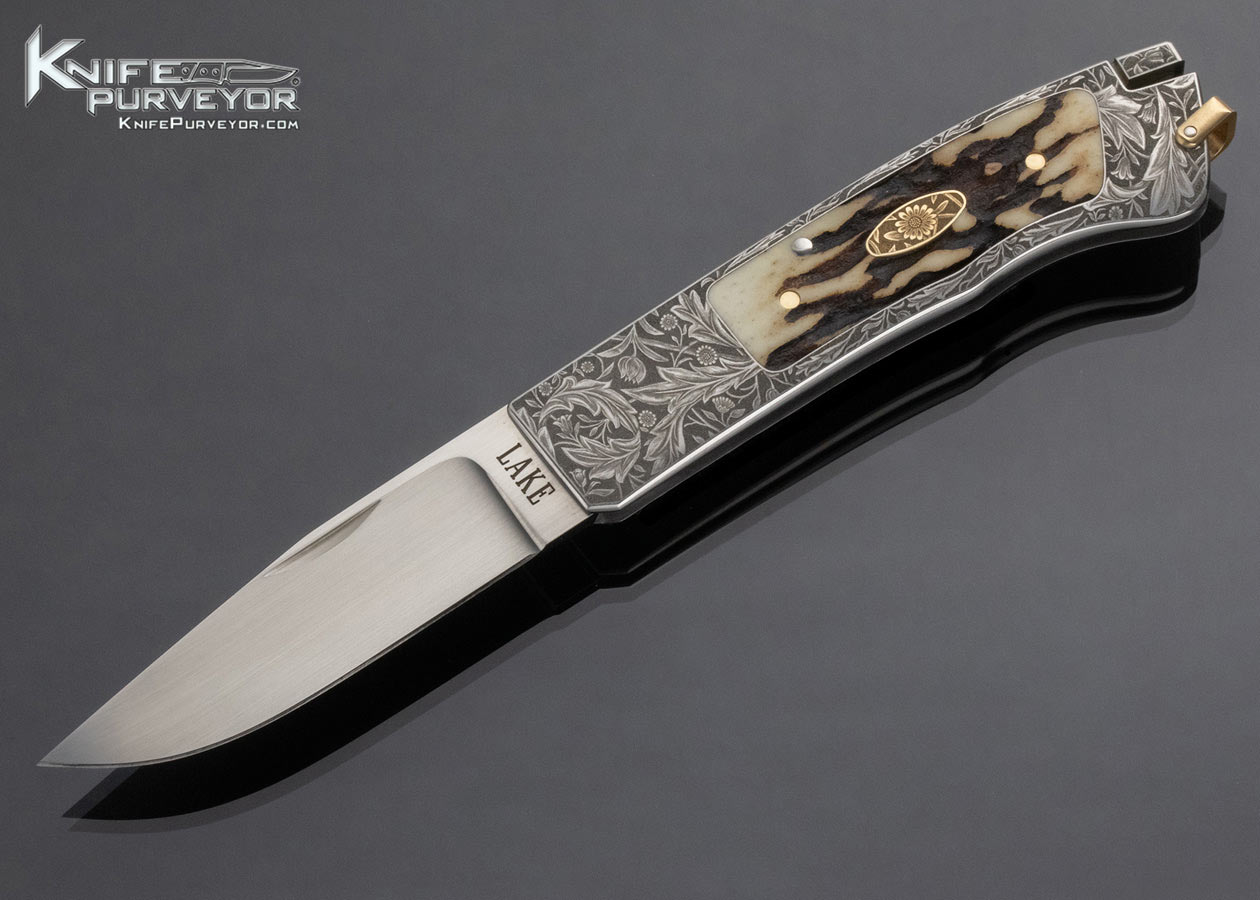 Ron Lake Custom Knife Francesco Amatori Engraved Stag Lockback 14874