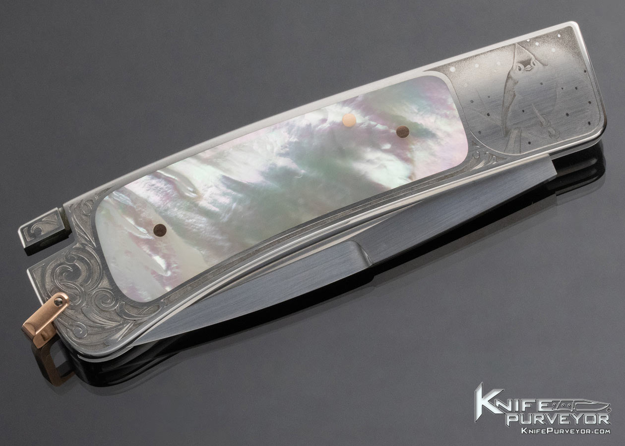 Ron Lake Custom Knife Lisa Tomlin Engraved Mother of Pearl Interframe Tail Lock - Image 5