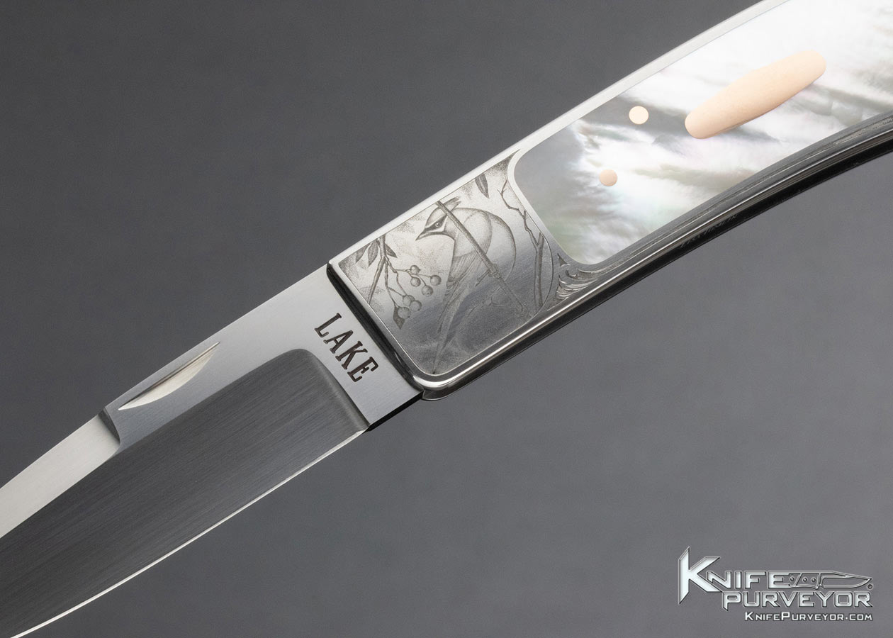 Ron Lake Custom Knife Lisa Tomlin Engraved Mother of Pearl Interframe Tail Lock - Image 2