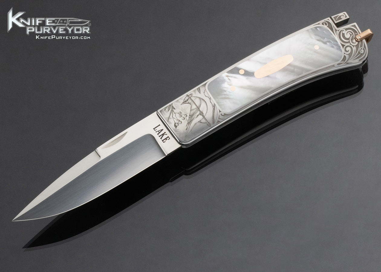 Ron Lake Custom Knife Lisa Tomlin Engraved Mother of Pearl Interframe Tail Lock 14859