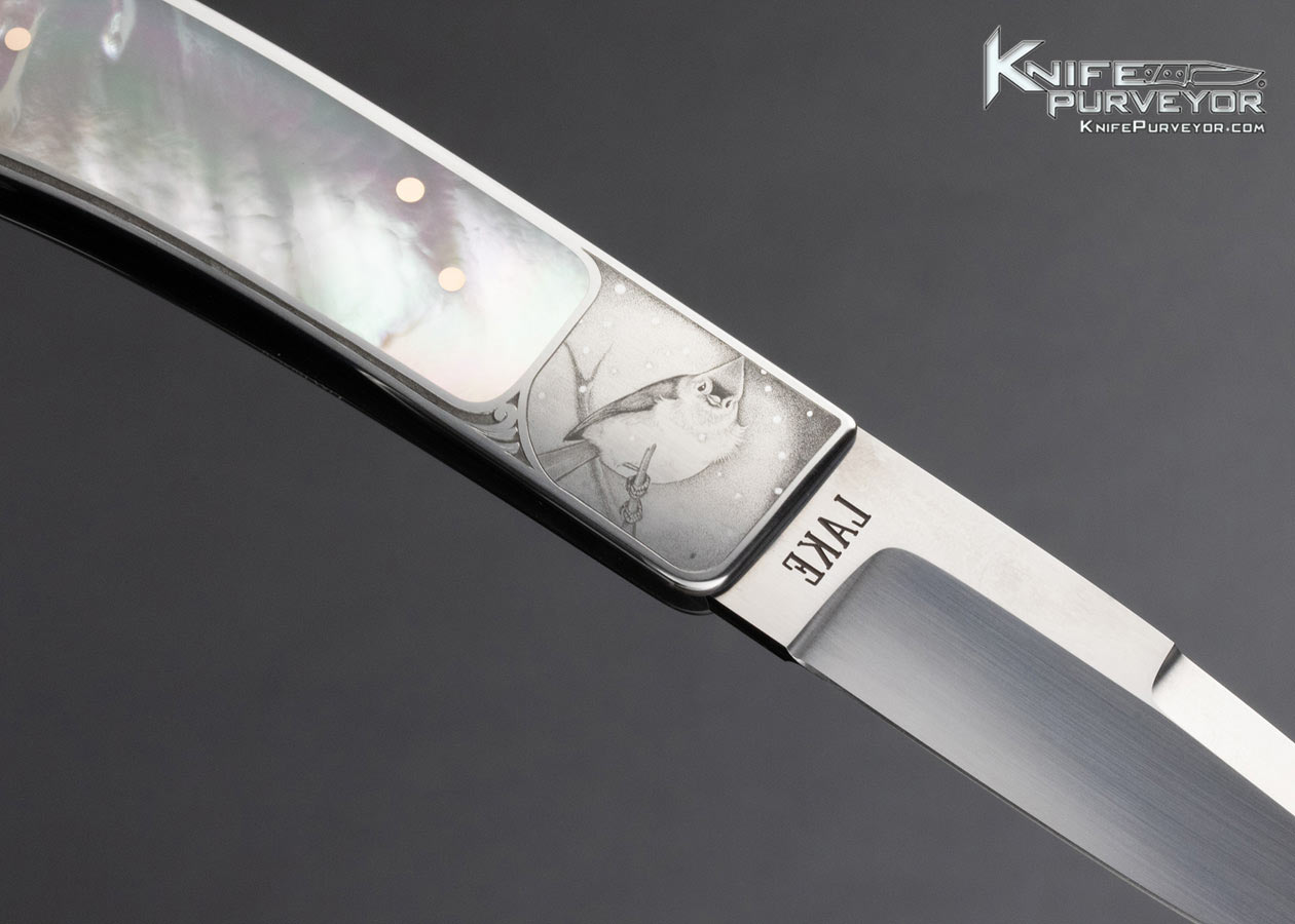 Ron Lake Custom Knife Lisa Tomlin Engraved Mother of Pearl Interframe Tail Lock - Image 4