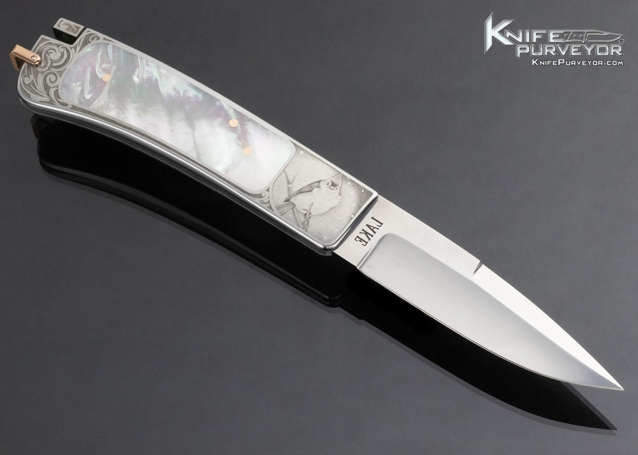 Ron Lake Custom Knife Lisa Tomlin Engraved Mother of Pearl Interframe Tail Lock - Image 3
