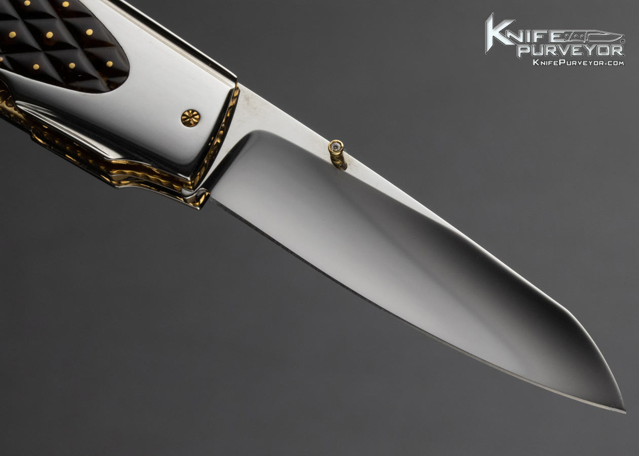 Salvatore Puddu Custom Knife Piqued Amber with Gold Dots 2 Blade Lockback - Image 4