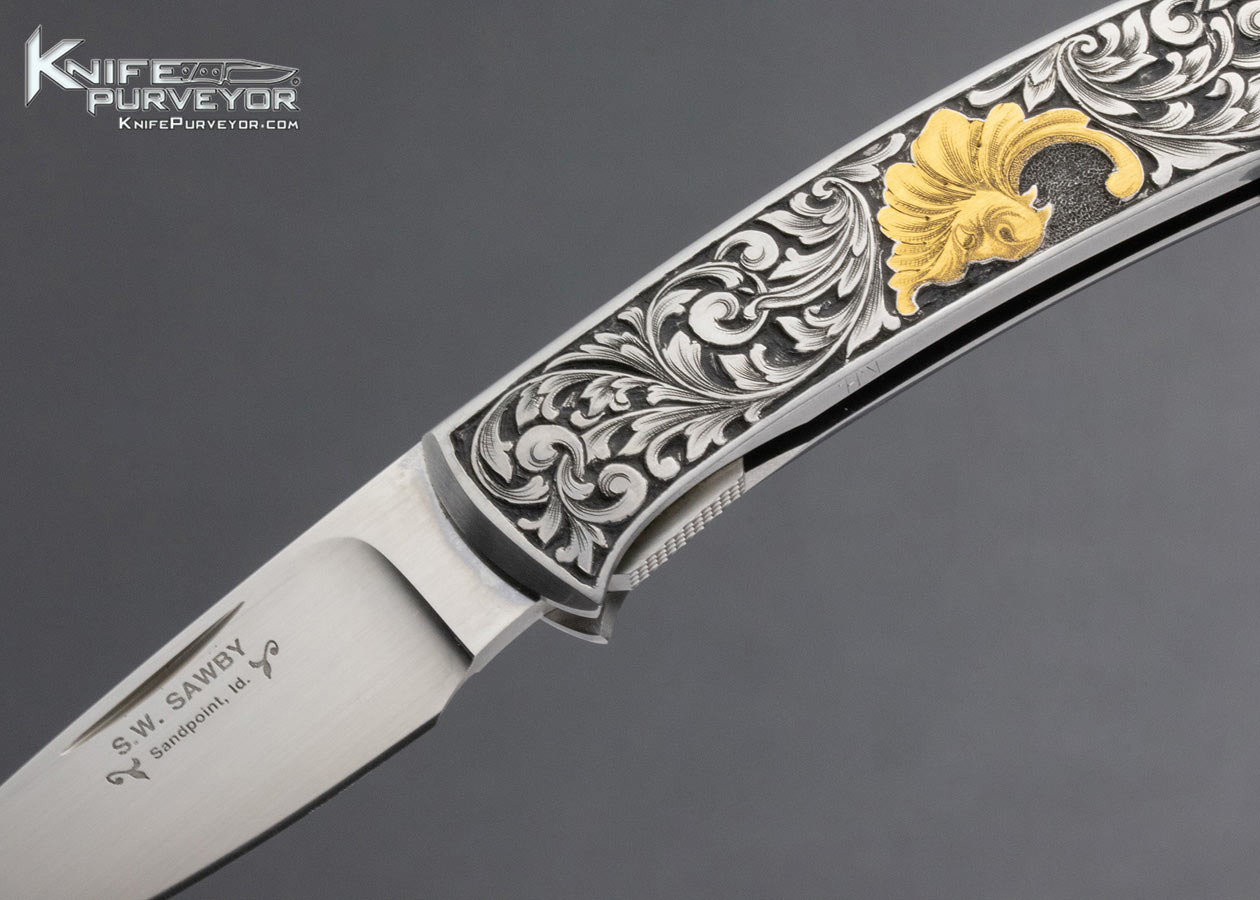 Scott Sawby Custom Knife Ken Hunt Engraved Self Lock with 24 Kt Gold Inlays - Image 2