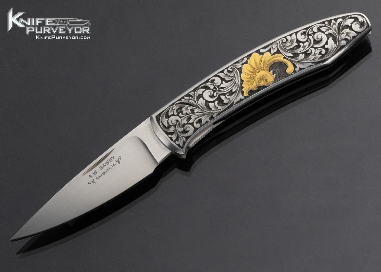 Scott Sawby Custom Knife Ken Hunt Engraved Self Lock with 24 Kt Gold Inlays 14906