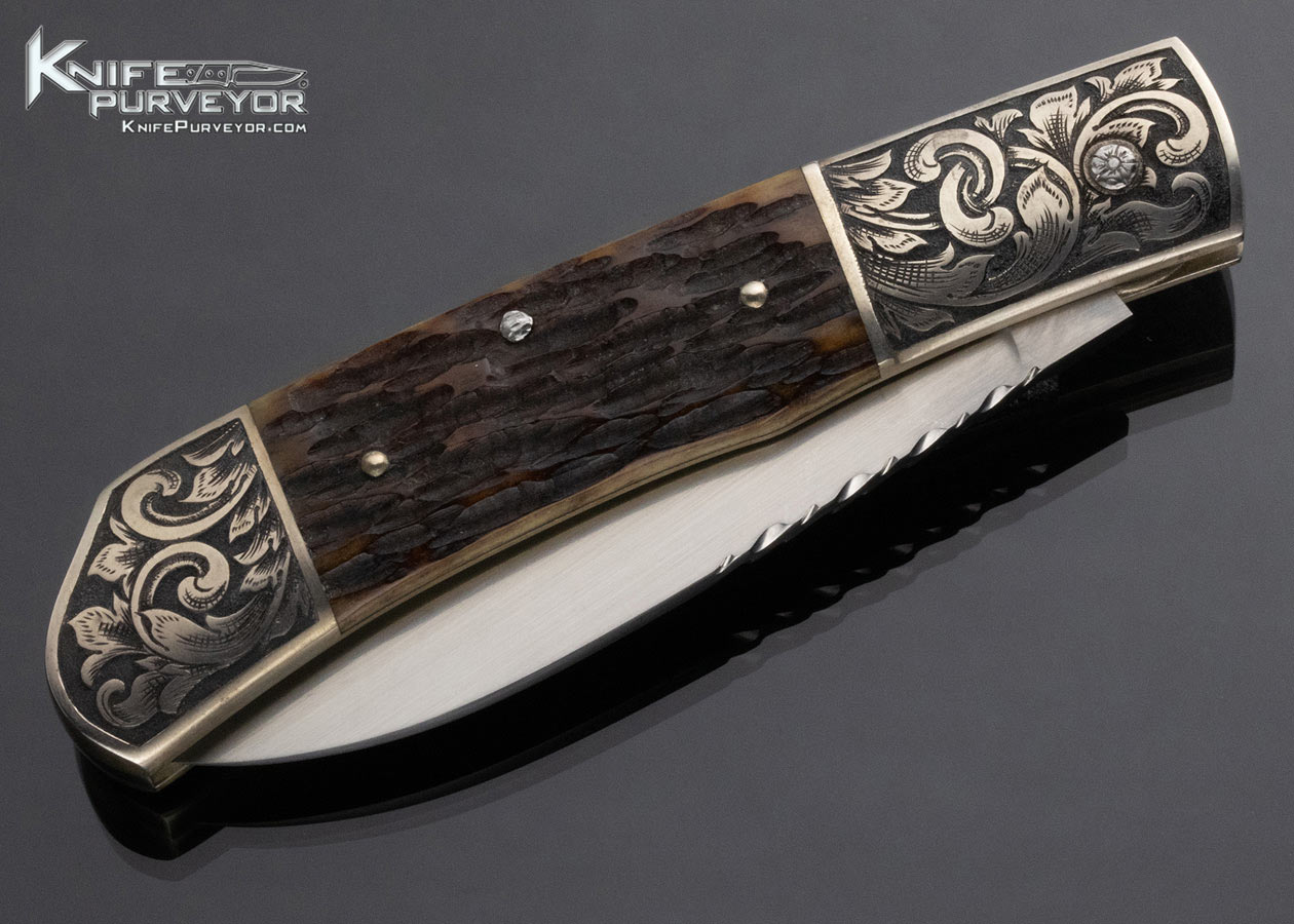 Shigeru Tozaki Custom Knife Sole Authorship Engraved Sterling Silver & Remington Jigged Bone Slip Joint w Half Stop 14884