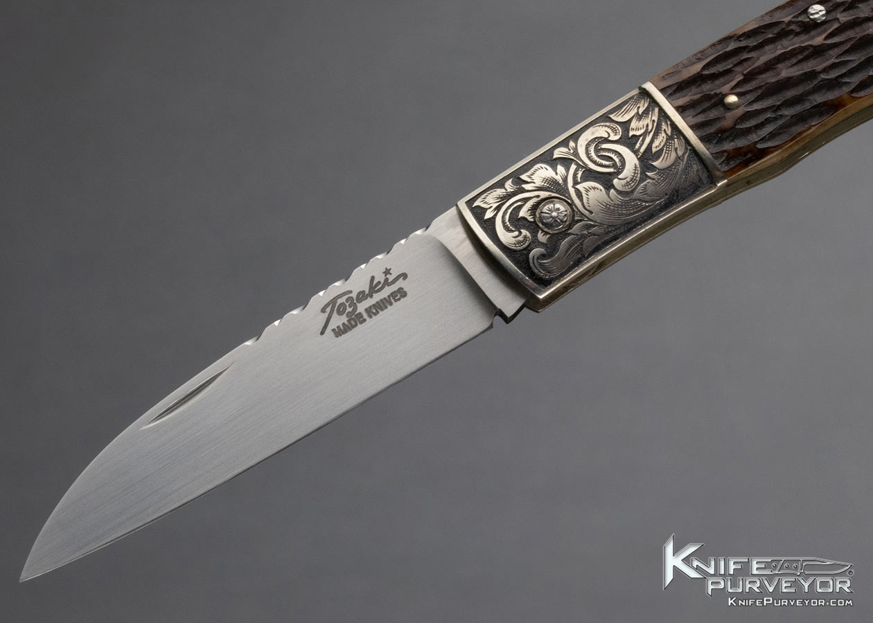 Shigeru Tozaki Custom Knife Sole Authorship Engraved Sterling Silver & Remington Jigged Bone Slip Joint w Half Stop - Image 2