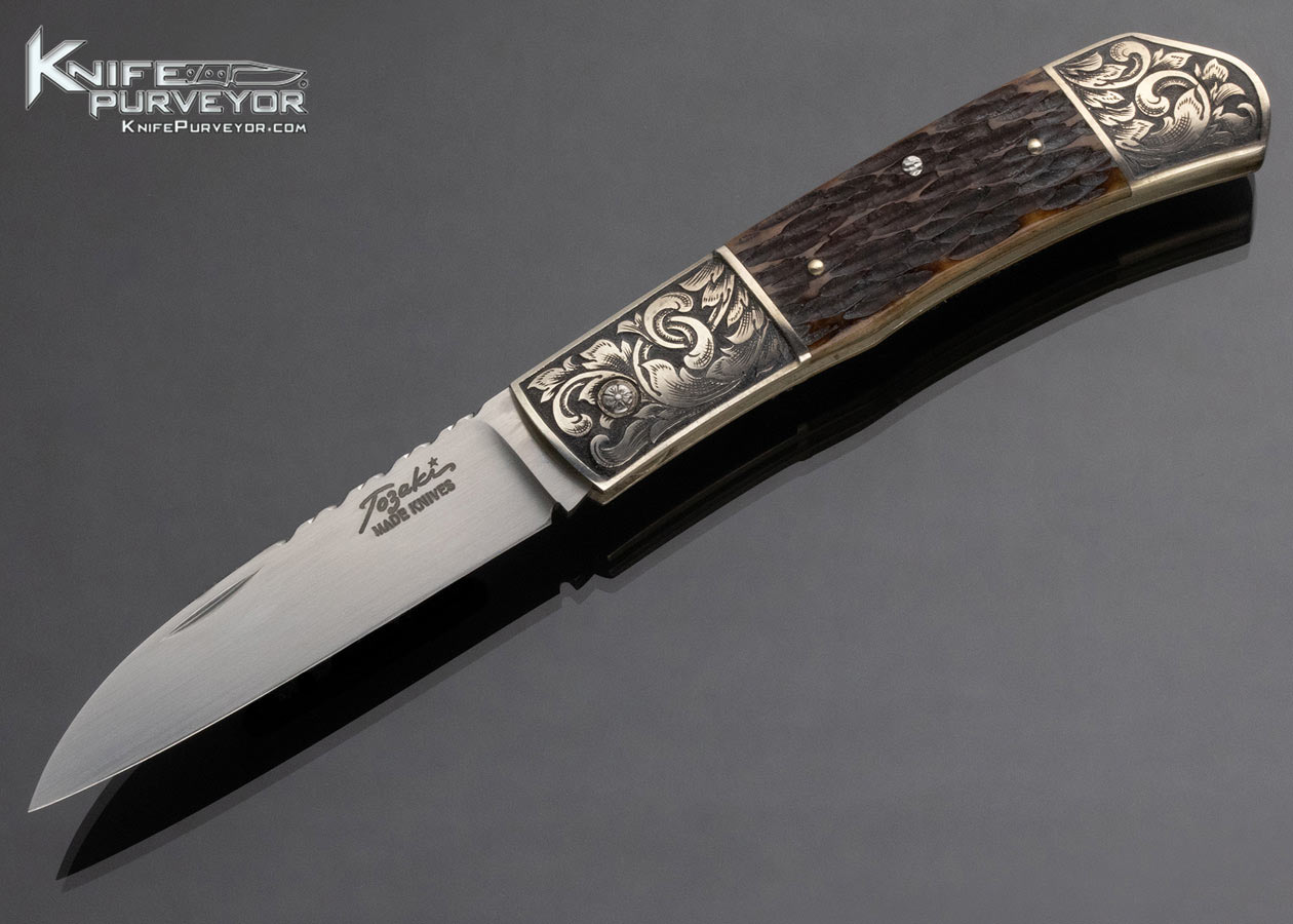 Shigeru Tozaki Custom Knife Sole Authorship Engraved Sterling Silver & Remington Jigged Bone Slip Joint w Half Stop 14884
