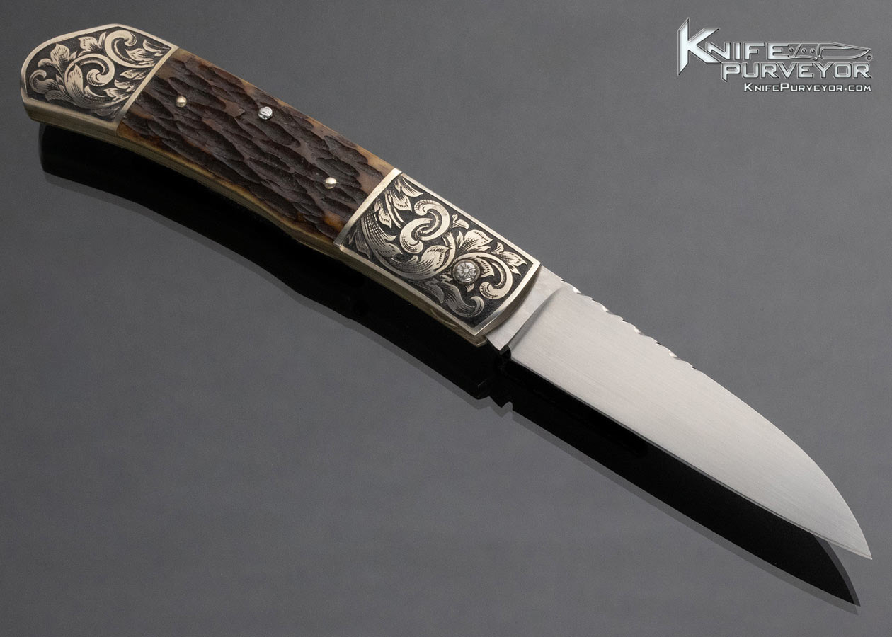 Shigeru Tozaki Custom Knife Sole Authorship Engraved Sterling Silver & Remington Jigged Bone Slip Joint w Half Stop - Image 3