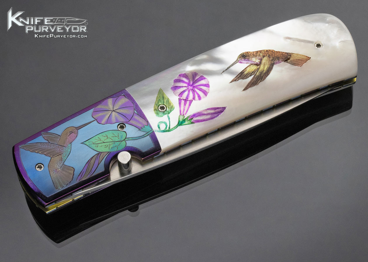 Stan Fujisaka Custom Knife Solvang 2007 "Birds and Bees" Judy Beaver Engraved and Scrimshawed Pearl Linerlock 14814