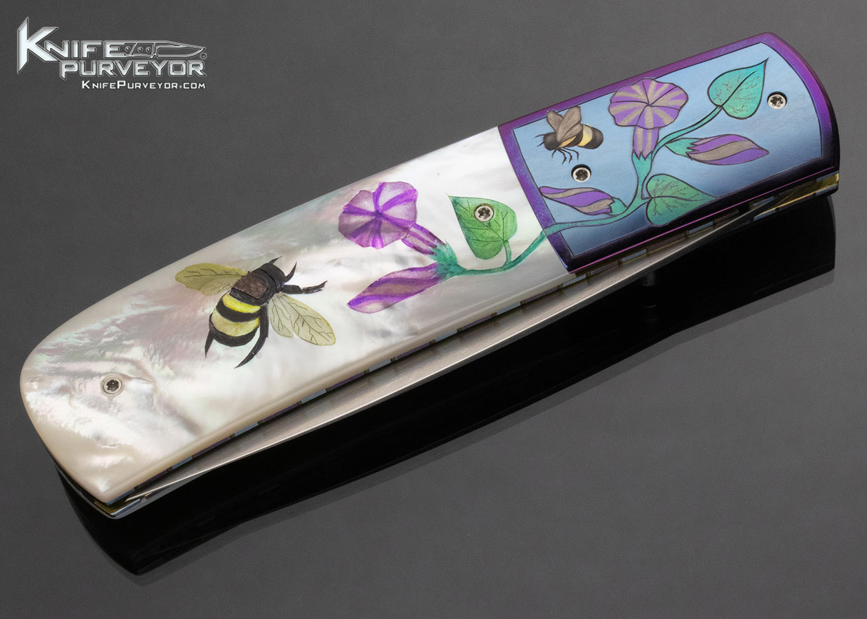 Stan Fujisaka Custom Knife Solvang 2007 "Birds and Bees" Judy Beaver Engraved and Scrimshawed Pearl Linerlock - Image 5