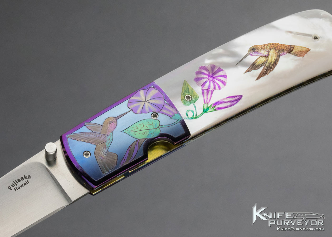 Stan Fujisaka Custom Knife Solvang 2007 "Birds and Bees" Judy Beaver Engraved and Scrimshawed Pearl Linerlock - Image 2