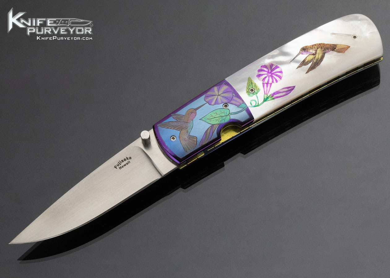 Stan Fujisaka Custom Knife Solvang 2007 "Birds and Bees" Judy Beaver Engraved and Scrimshawed Pearl Linerlock 14814