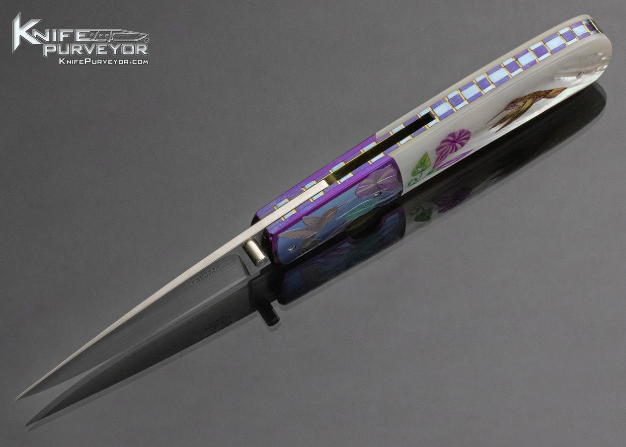 Stan Fujisaka Custom Knife Solvang 2007 "Birds and Bees" Judy Beaver Engraved and Scrimshawed Pearl Linerlock - Image 8