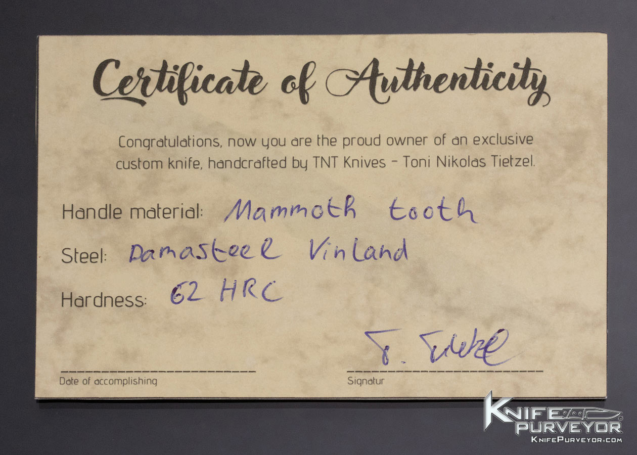 Toni Nikolas Tietzel Custom Knife "TNT" Damasteel Mammoth Tooth w Sheath - Image 10