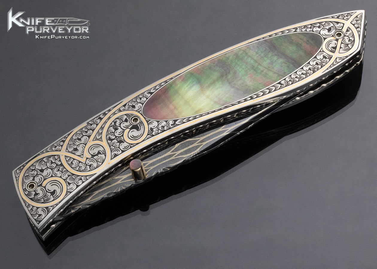 Vernie Reed Custom Knife Damascus Black Lip Pearl Bruce Shaw Engraved Interframe Linerlock - Image 5