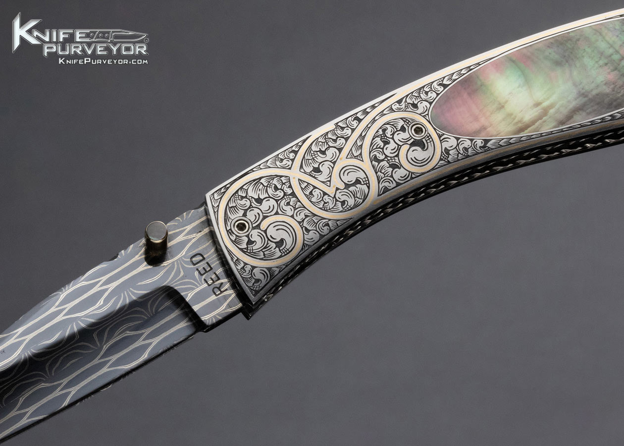 Vernie Reed Custom Knife Damascus Black Lip Pearl Bruce Shaw Engraved Interframe Linerlock - Image 2