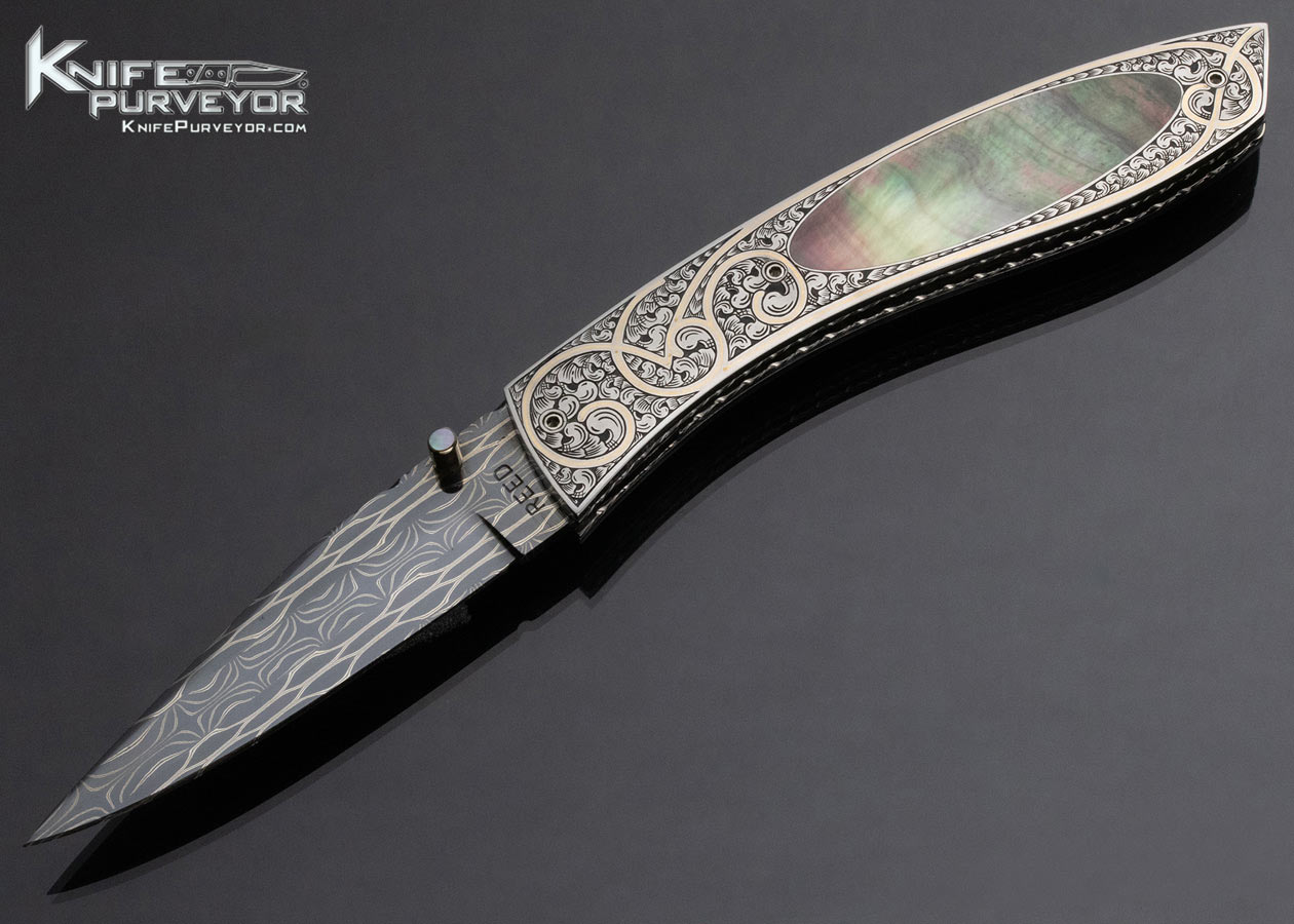 Vernie Reed Custom Knife Damascus Black Lip Pearl Bruce Shaw Engraved Interframe Linerlock 14806