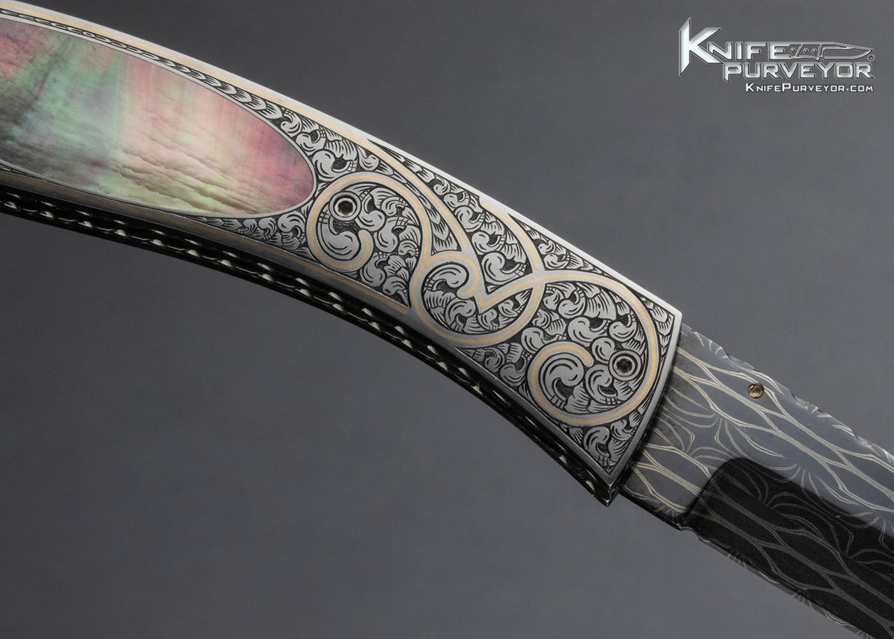 Vernie Reed Custom Knife Damascus Black Lip Pearl Bruce Shaw Engraved Interframe Linerlock - Image 4