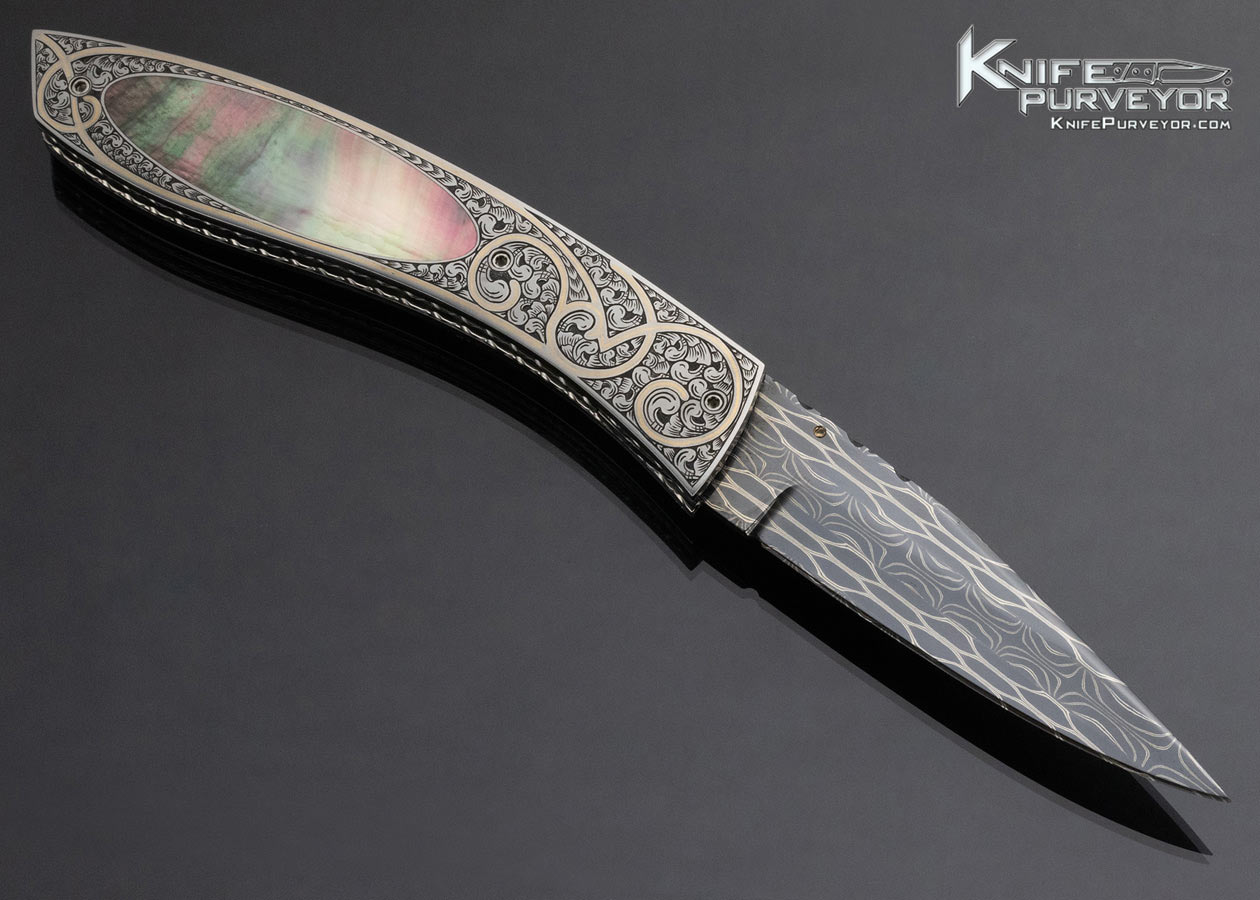 Vernie Reed Custom Knife Damascus Black Lip Pearl Bruce Shaw Engraved Interframe Linerlock - Image 3