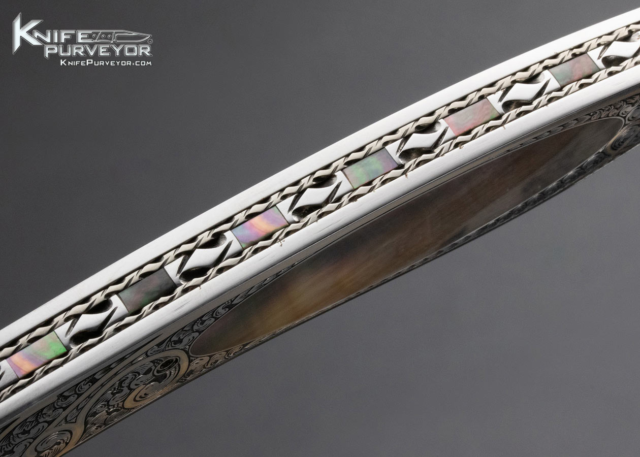 Vernie Reed Custom Knife Damascus Black Lip Pearl Bruce Shaw Engraved Interframe Linerlock - Image 6