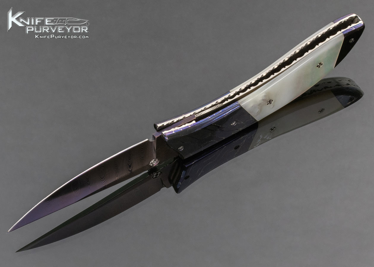 Wayne Whittaker Custom Knife Blued Damascus and Mother of Pearl Linerlock - Image 6