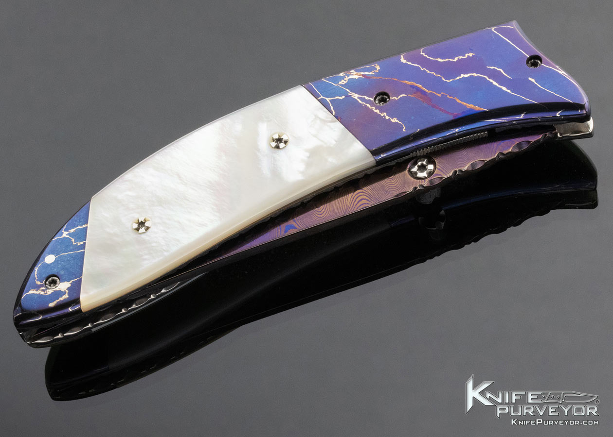 Wayne Whittaker Custom Knife Blued Damascus and Mother of Pearl Linerlock 14831