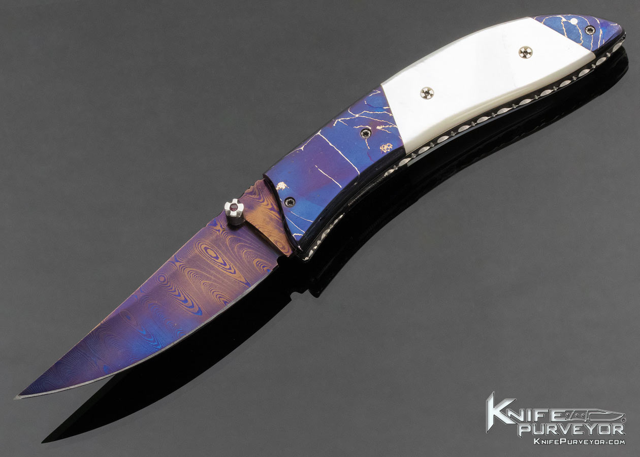 Wayne Whittaker Custom Knife Blued Damascus and Mother of Pearl Linerlock 14831