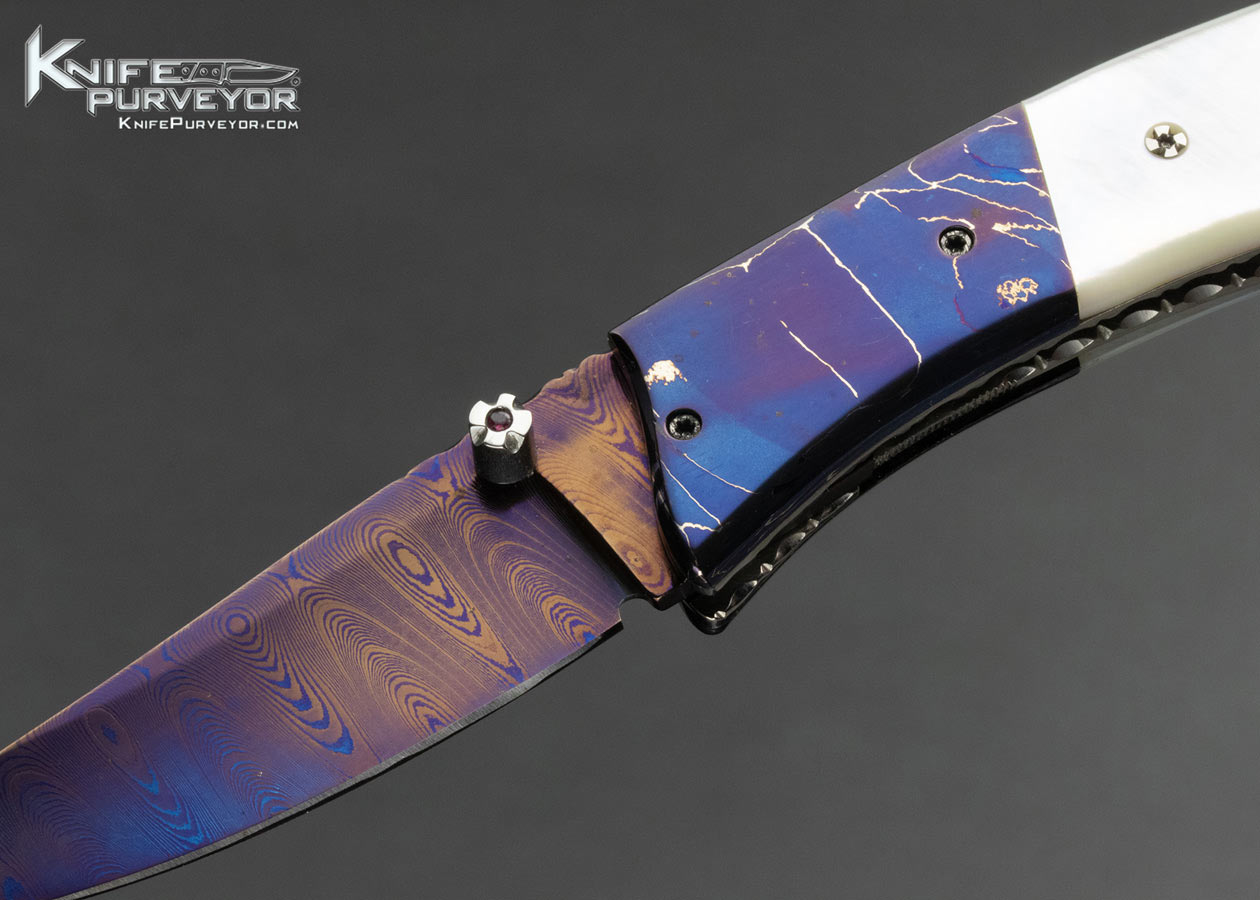 Wayne Whittaker Custom Knife Blued Damascus and Mother of Pearl Linerlock - Image 2