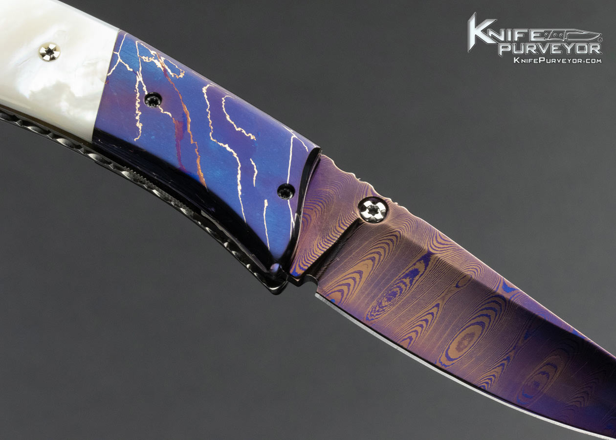 Wayne Whittaker Custom Knife Blued Damascus and Mother of Pearl Linerlock - Image 4