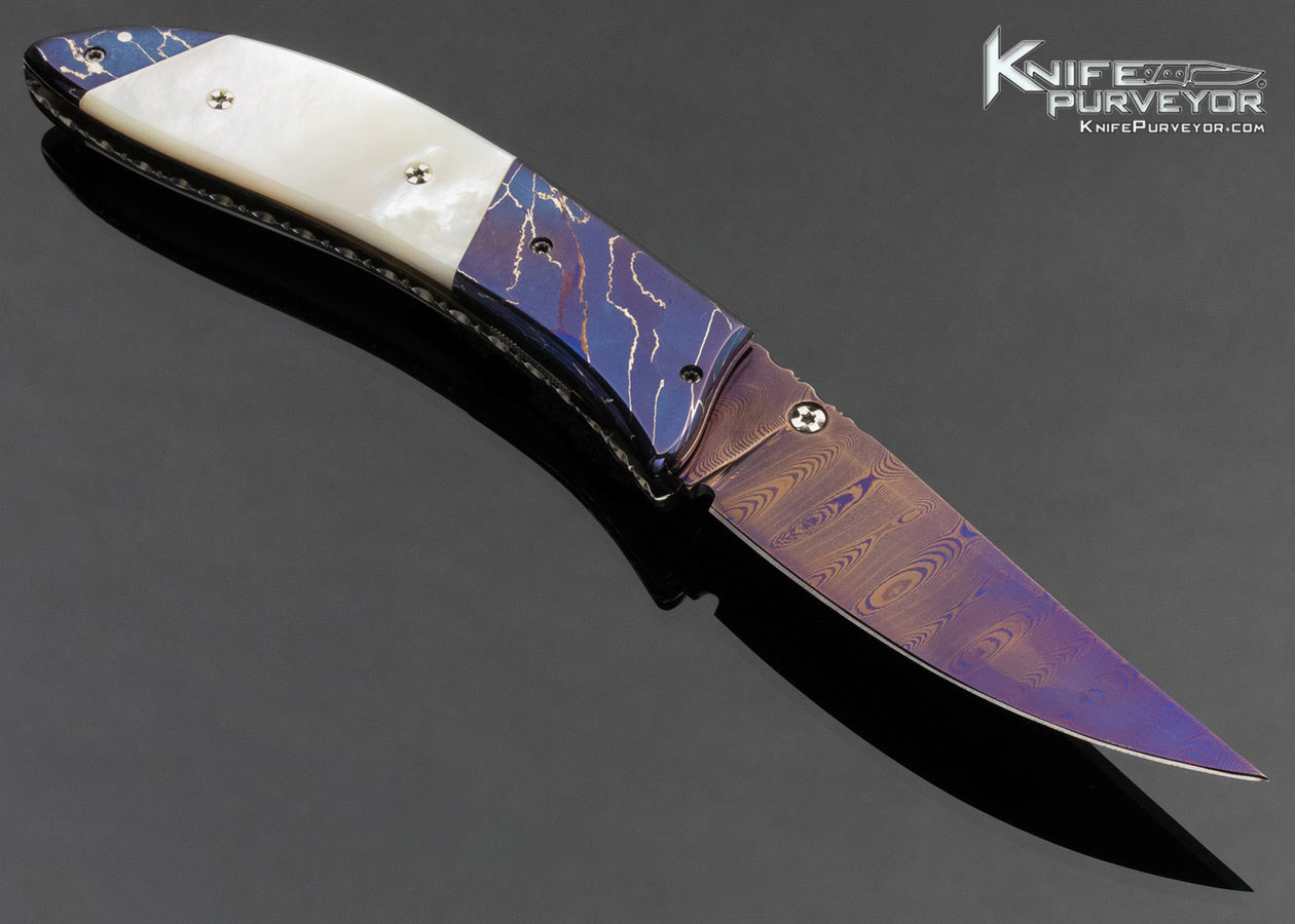 Wayne Whittaker Custom Knife Blued Damascus and Mother of Pearl Linerlock - Image 3