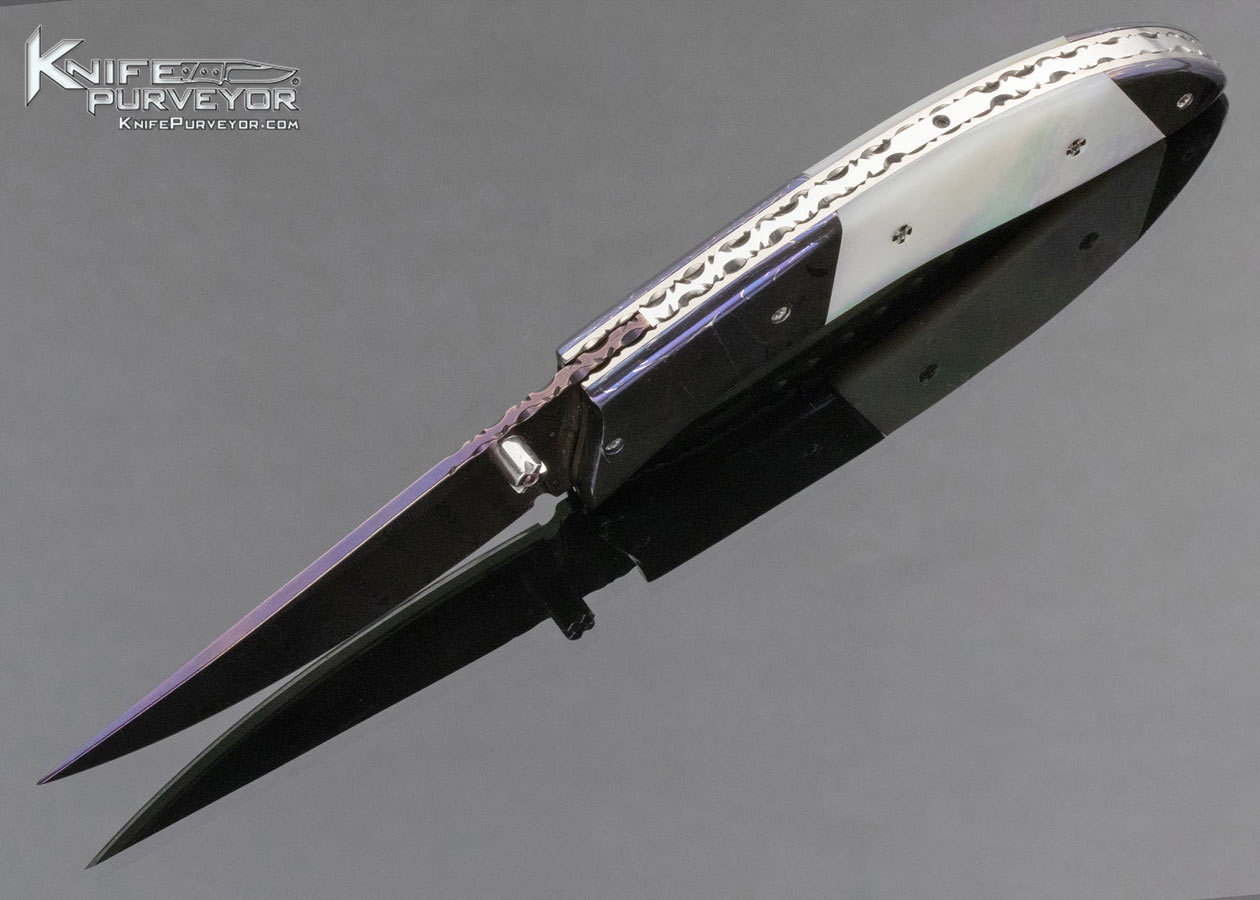 Wayne Whittaker Custom Knife Blued Damascus and Mother of Pearl Linerlock - Image 7