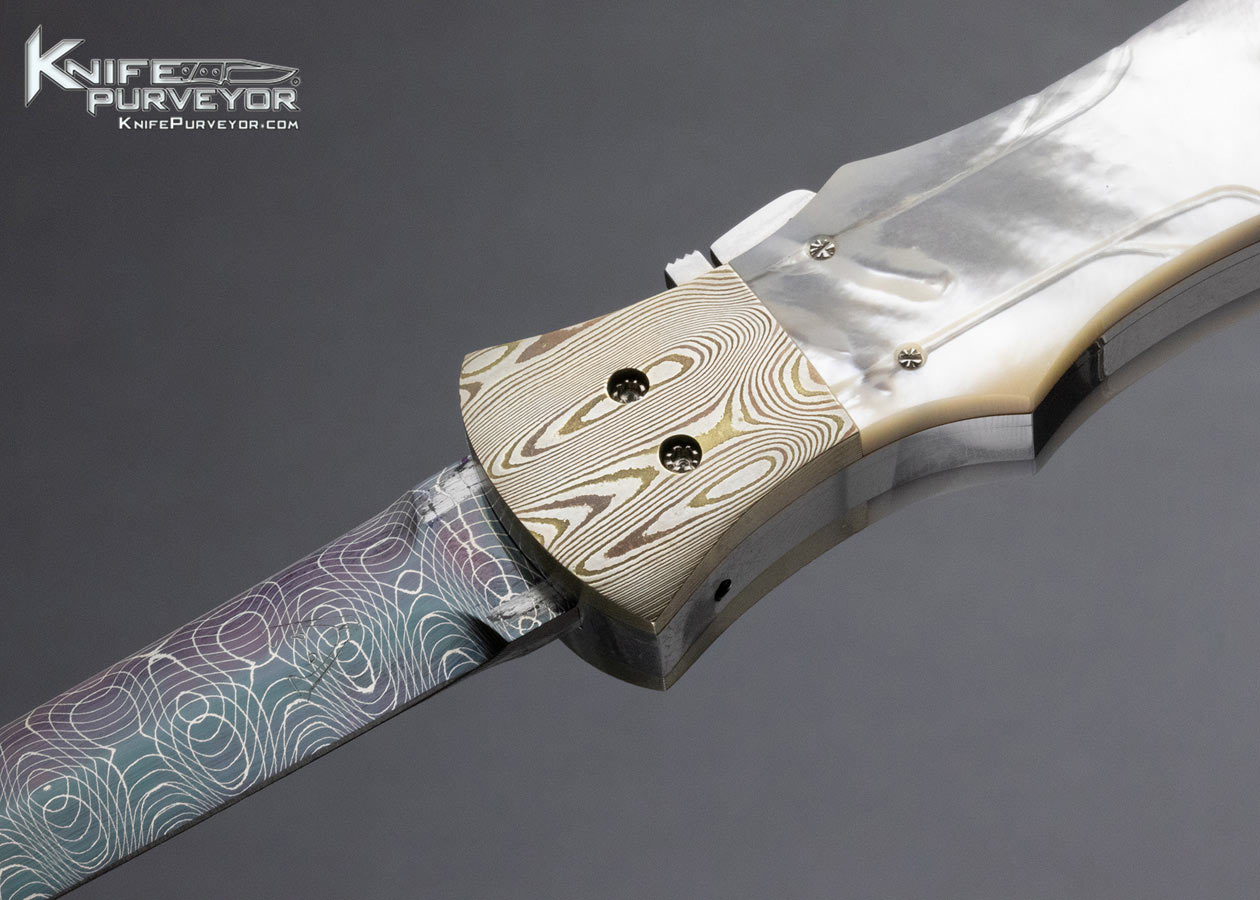 Butch Vallotton Custom Knife Damascus Mokume and Carved Pearl Out The Front Automatic Viper - Image 2