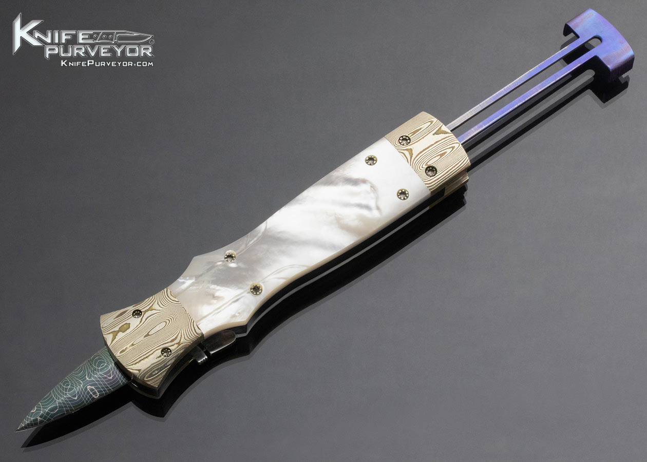 Butch Vallotton Custom Knife Damascus Mokume and Carved Pearl Out The Front Automatic Viper 14943