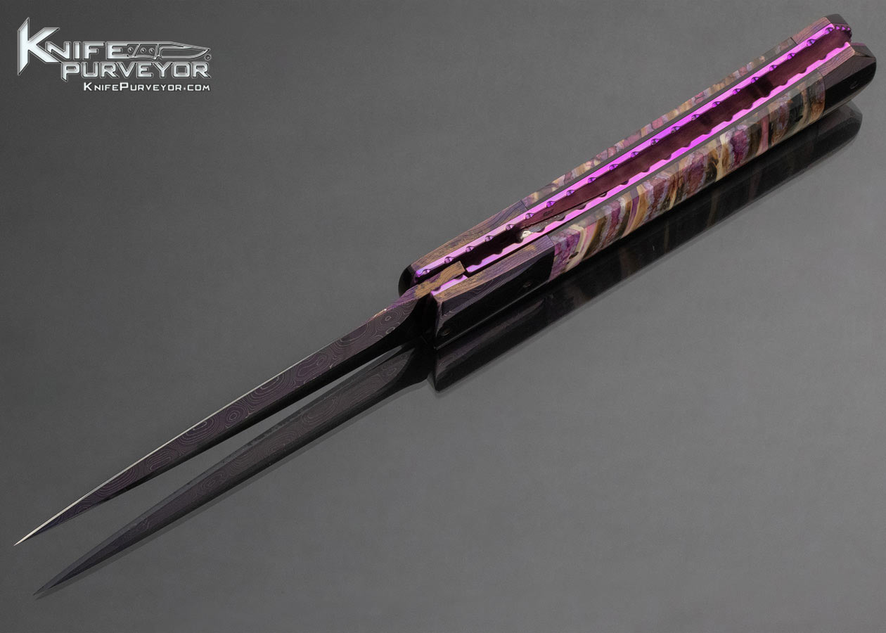 Kyle Vallotton Custom Knife Purple Mammoth Molar Chad Nicholas Virus Damascus Bent Dagger Automatic Linerloc 14944