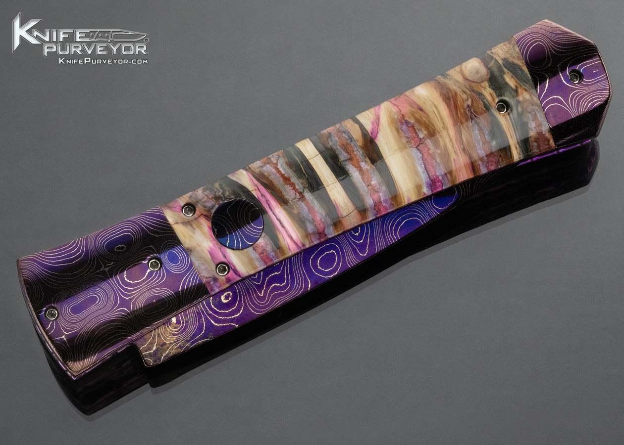 Kyle Vallotton Custom Knife Purple Mammoth Molar Chad Nicholas Virus Damascus Bent Dagger Automatic Linerlock - Image 5